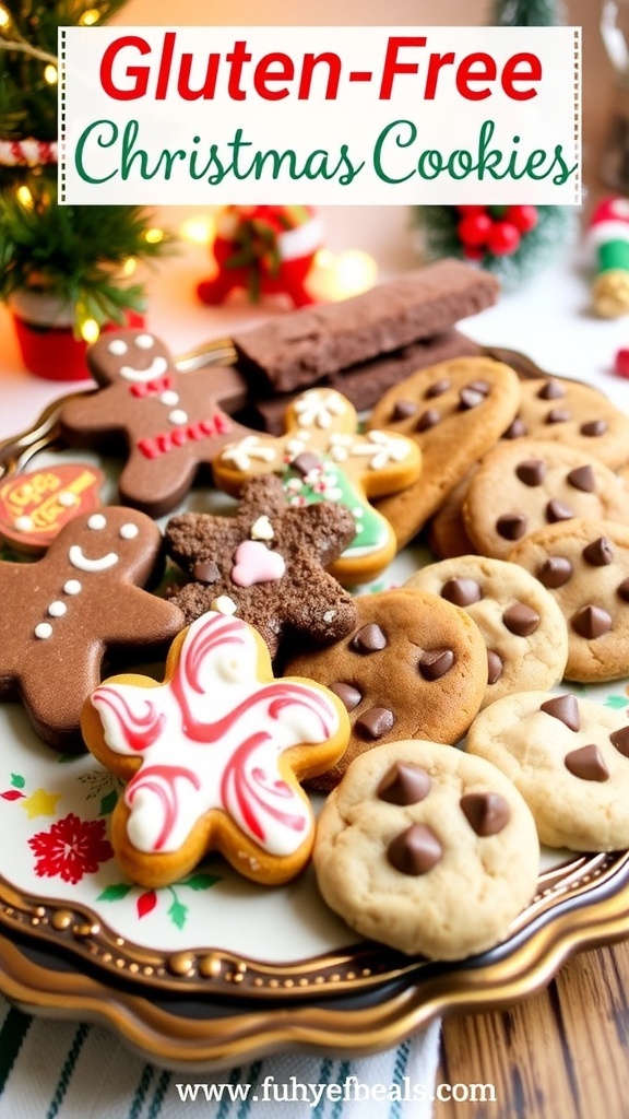 A variety of gluten-free Christmas cookies on a platter, surrounded by holiday decorations.